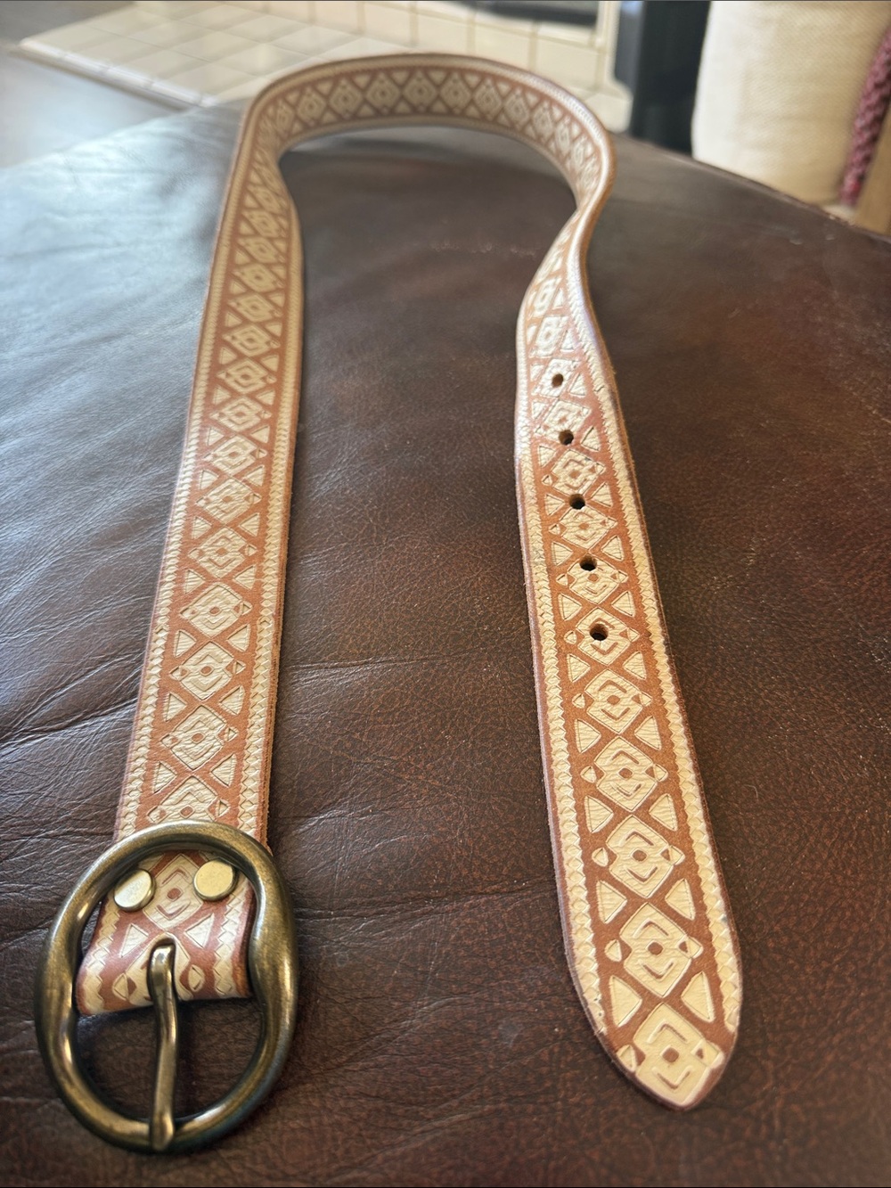 Lucky Brand Tan and Cream Embroidered Leather Belt with Brass-Round Buckle